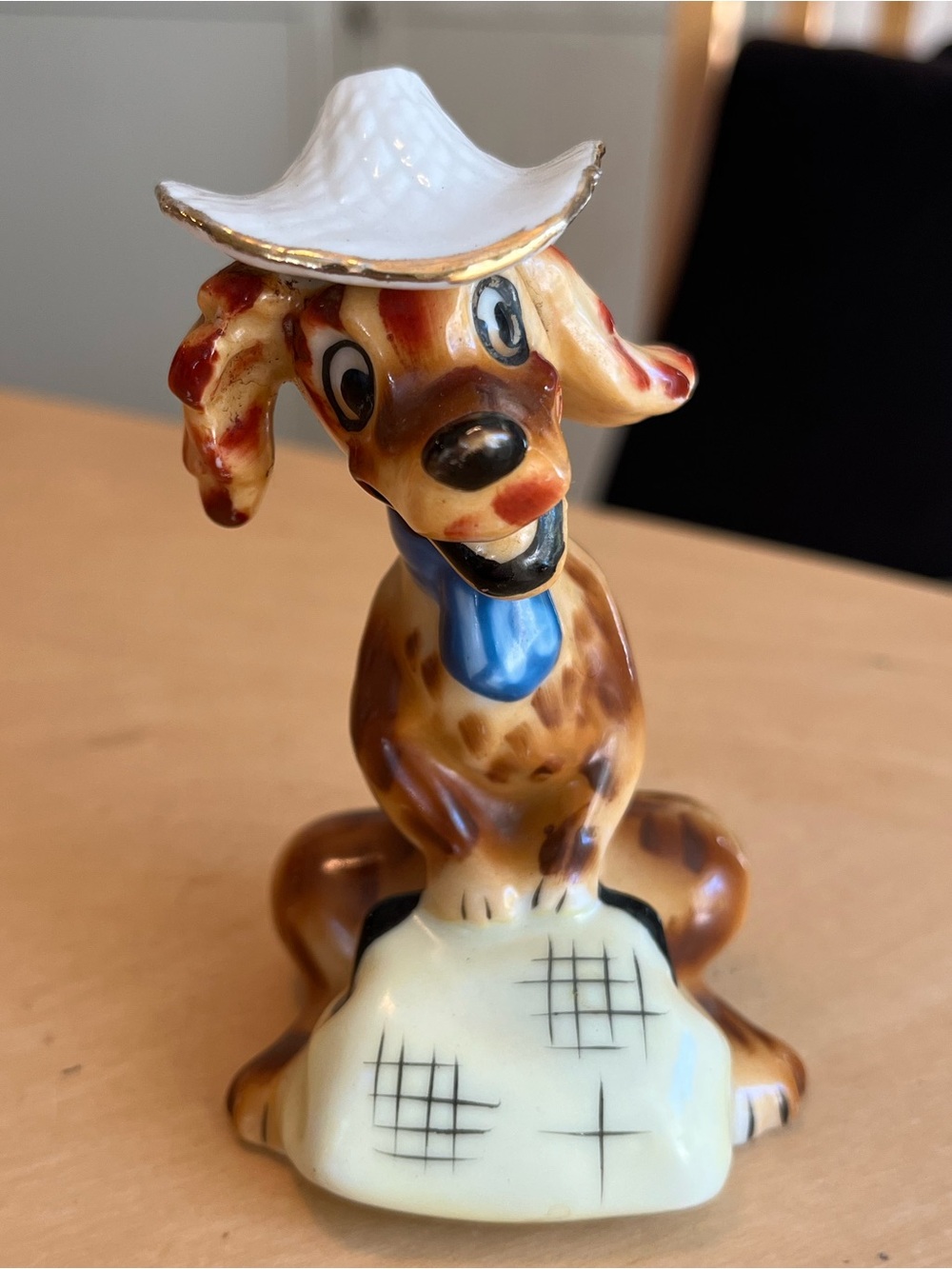 Vintage 1960s Traveling Dog Figurine with Hat, Valise and Blue Scarf